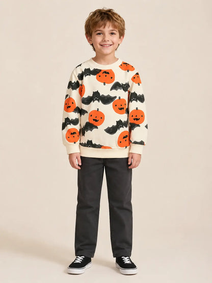 Kids Halloween Long‑Sleeve Sweatshirt, Cartoon Pumpkin Print