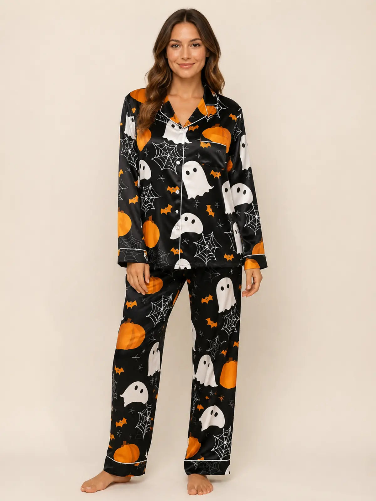 Cartoon Bat & Ghost All‑Over Print Long Sleeve Pajama Set