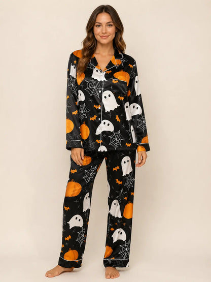 Cartoon Bat & Ghost All‑Over Print Long Sleeve Pajama Set