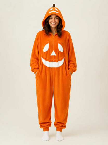 Plush Jack-O’-Lantern Hooded Halloween Onesie Pajamas