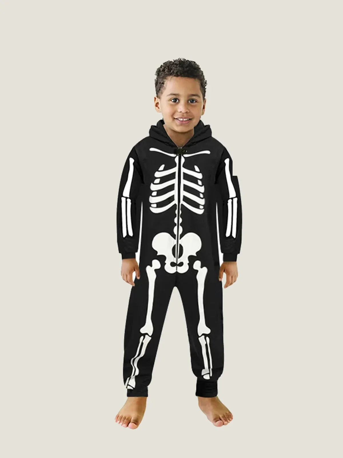 Kids’ Glow-in-the-Dark Skeleton Hooded Jumpsuit for Halloween