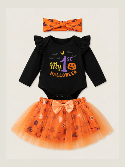 Baby Halloween Party Romper, Cartoon Pumpkin & Witch Hat Costume