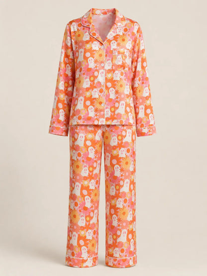 Halloween Satin Pajama Set, Lapel Open‑Front Top