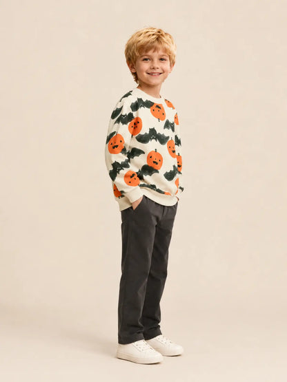 Kids Halloween Long‑Sleeve Sweatshirt, Cartoon Pumpkin Print