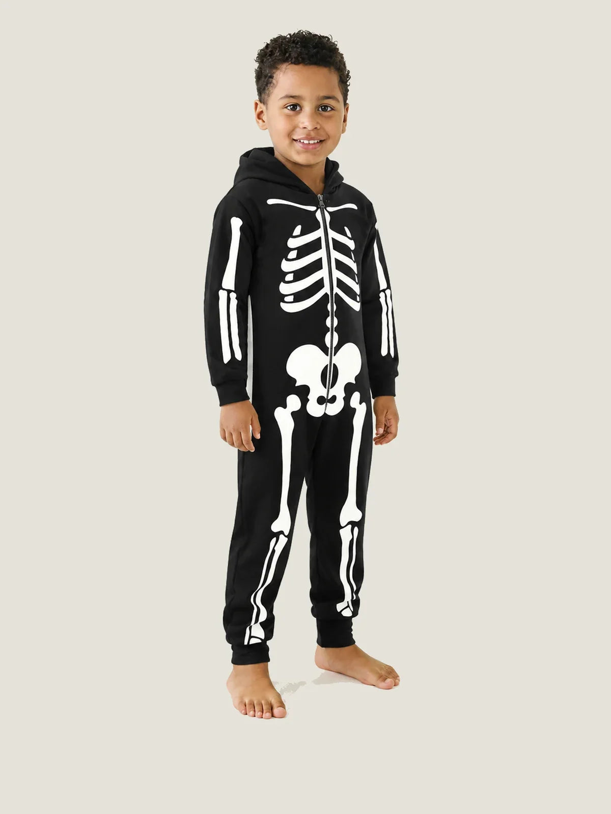 Kids’ Glow-in-the-Dark Skeleton Hooded Jumpsuit for Halloween