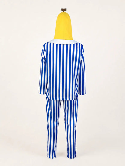 Cartoon Sick Banana Halloween Costume, Blue‑White Striped Banana Role‑Play Pajama Outfit