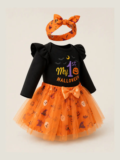 Baby Halloween Party Romper, Cartoon Pumpkin & Witch Hat Costume