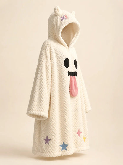 Halloween Plush Hooded Sleep Robe, Ghost Pumpkin Spooky‑Face Coral Fleece Loungewear