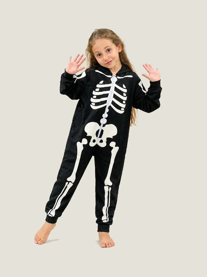 Kids’ Glow-in-the-Dark Skeleton Hooded Jumpsuit for Halloween