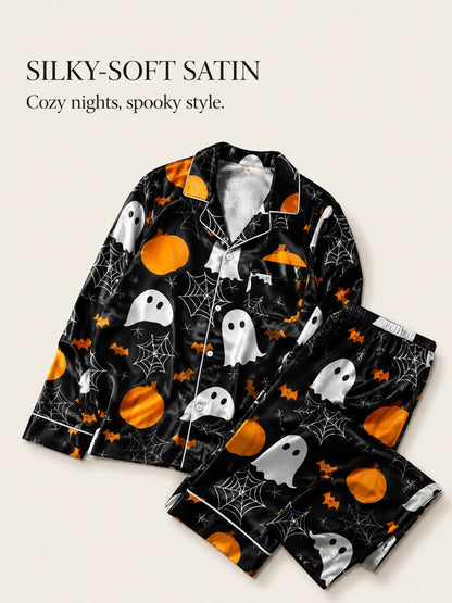 Cartoon Bat & Ghost All‑Over Print Long Sleeve Pajama Set