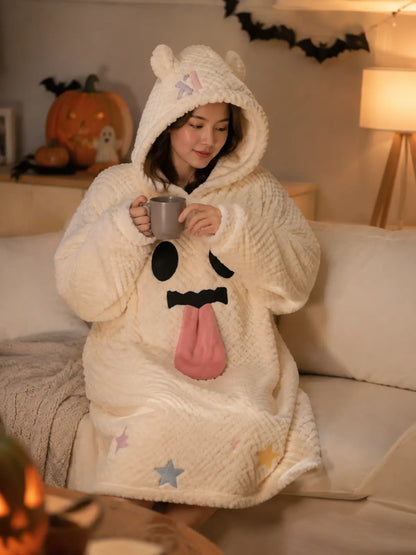 Halloween Plush Hooded Sleep Robe, Ghost Pumpkin Spooky‑Face Coral Fleece Loungewear