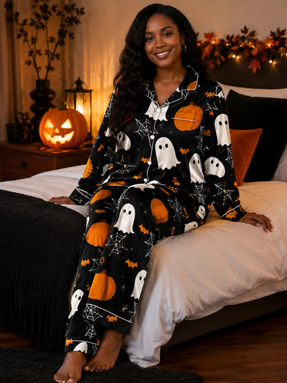 Cartoon Bat & Ghost All‑Over Print Long Sleeve Pajama Set