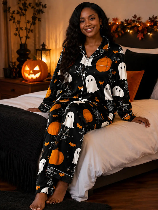 Cartoon Bat & Ghost All‑Over Print Long Sleeve Pajama Set
