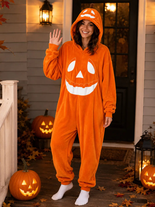 Plush Jack-O’-Lantern Hooded Halloween Onesie Pajamas