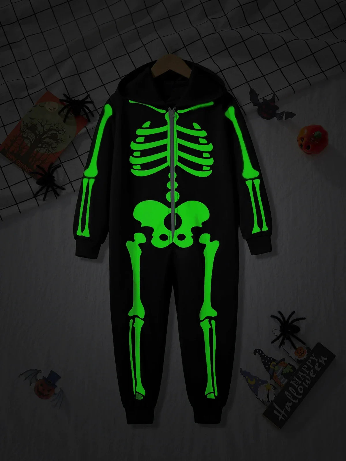 Kids’ Glow-in-the-Dark Skeleton Hooded Jumpsuit for Halloween