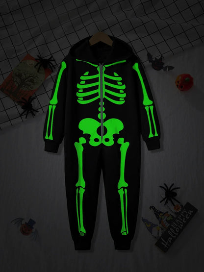 Kids’ Glow-in-the-Dark Skeleton Hooded Jumpsuit for Halloween