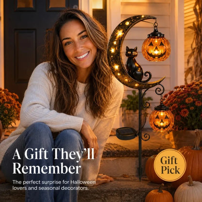 Solar Pumpkin Moon Garden Stake Light – Black Cat Halloween Outdoor Decor