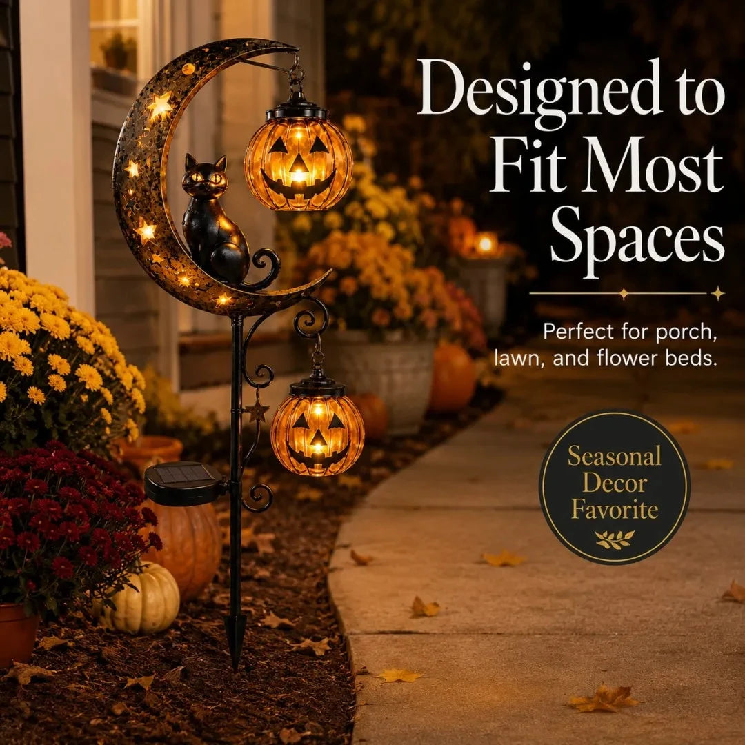 Solar Pumpkin Moon Garden Stake Light – Black Cat Halloween Outdoor Decor