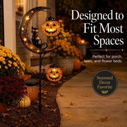 Solar Pumpkin Moon Garden Stake Light – Black Cat Halloween Outdoor Decor