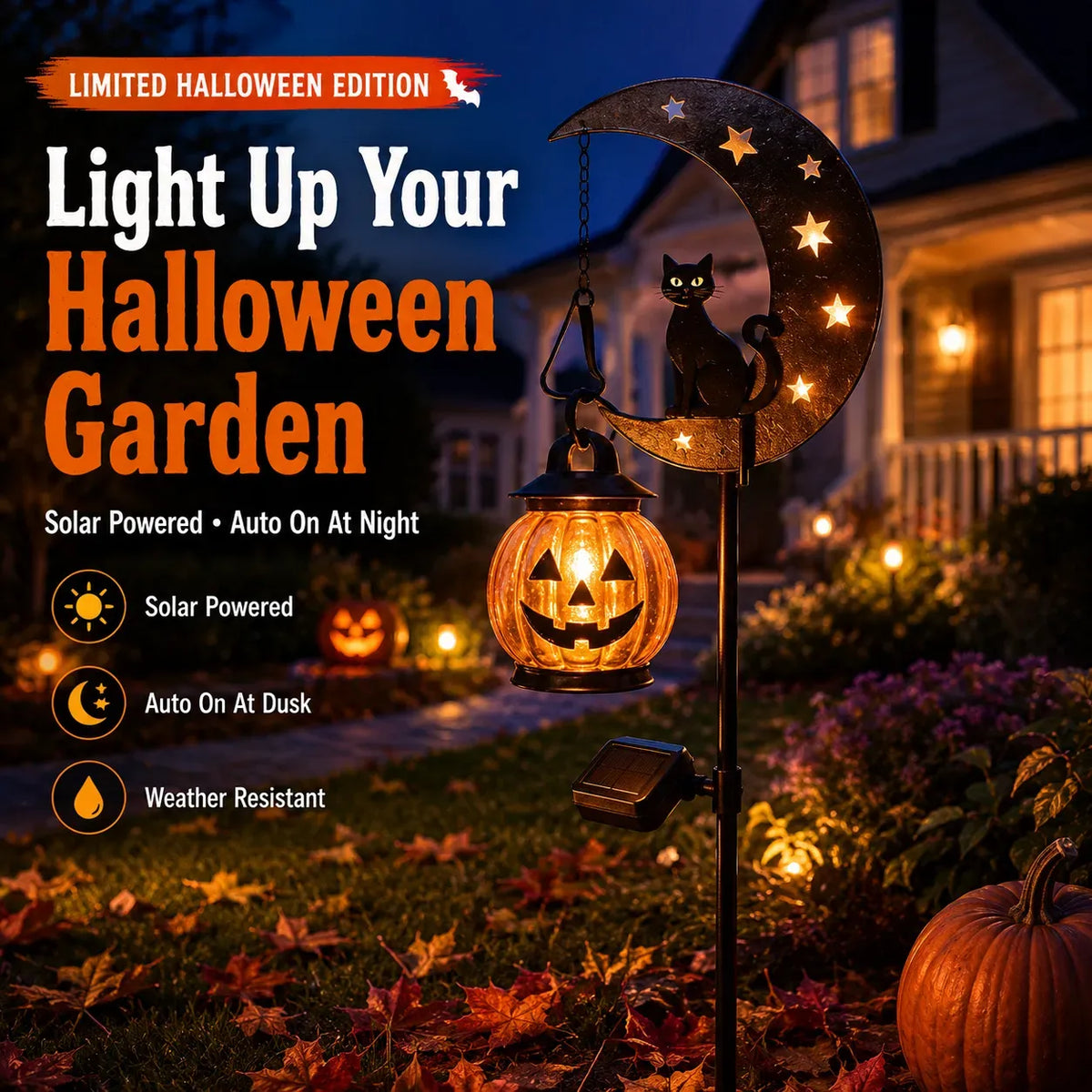 Solar Pumpkin Moon Garden Stake Light – Black Cat Halloween Outdoor Decor