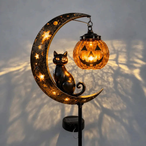 Solar Pumpkin Moon Garden Stake Light – Black Cat Halloween Outdoor Decor