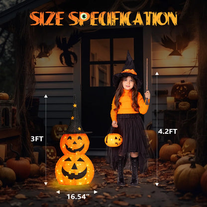 🎃Giant Inflatable Halloween Pumpkin Stack with Witch Hat – Light-Up Outdoor Yard Decoration