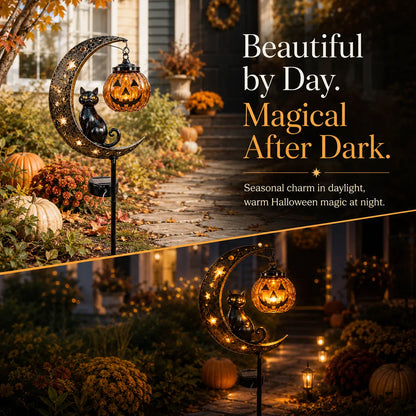 Solar Pumpkin Moon Garden Stake Light – Black Cat Halloween Outdoor Decor