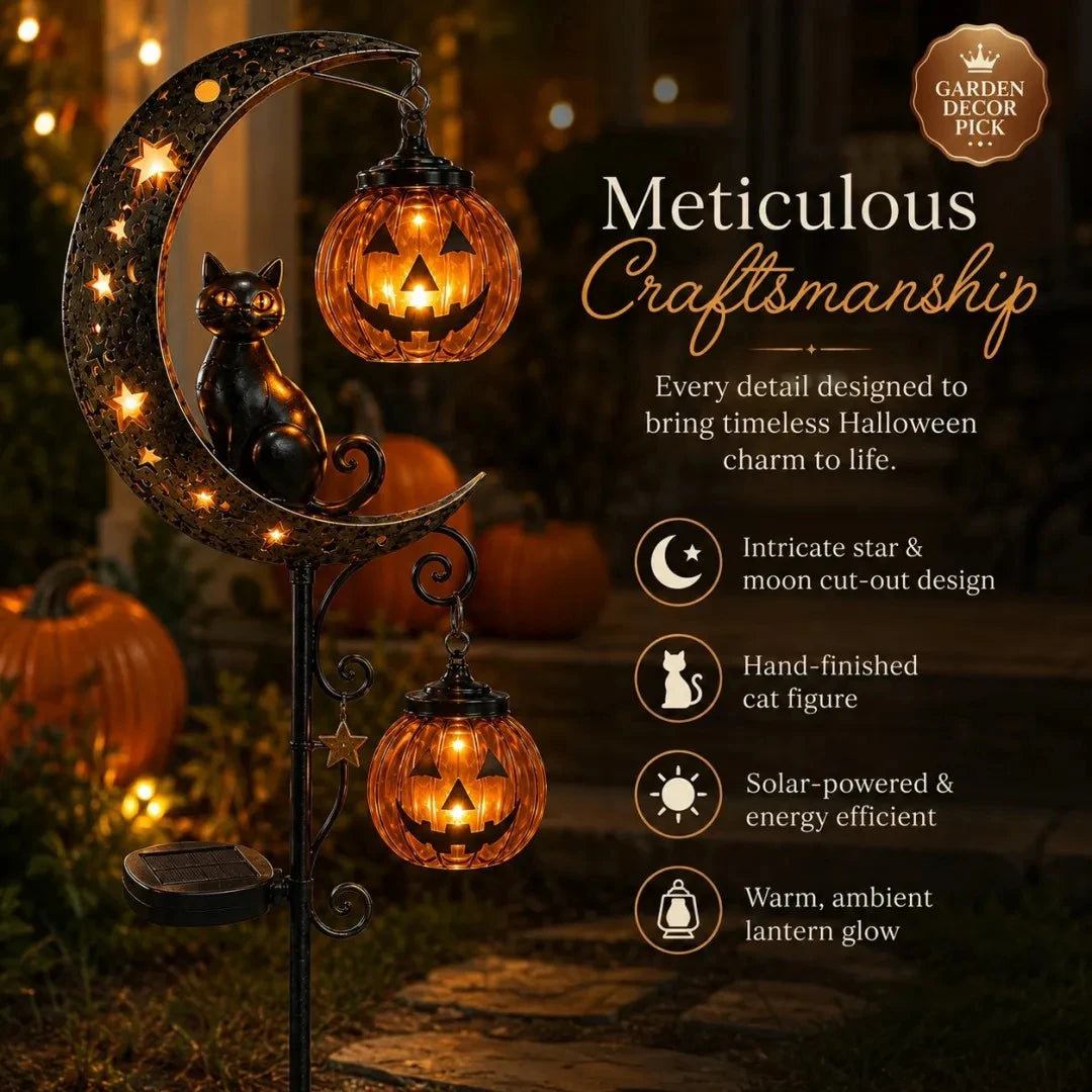 Solar Pumpkin Moon Garden Stake Light – Black Cat Halloween Outdoor Decor