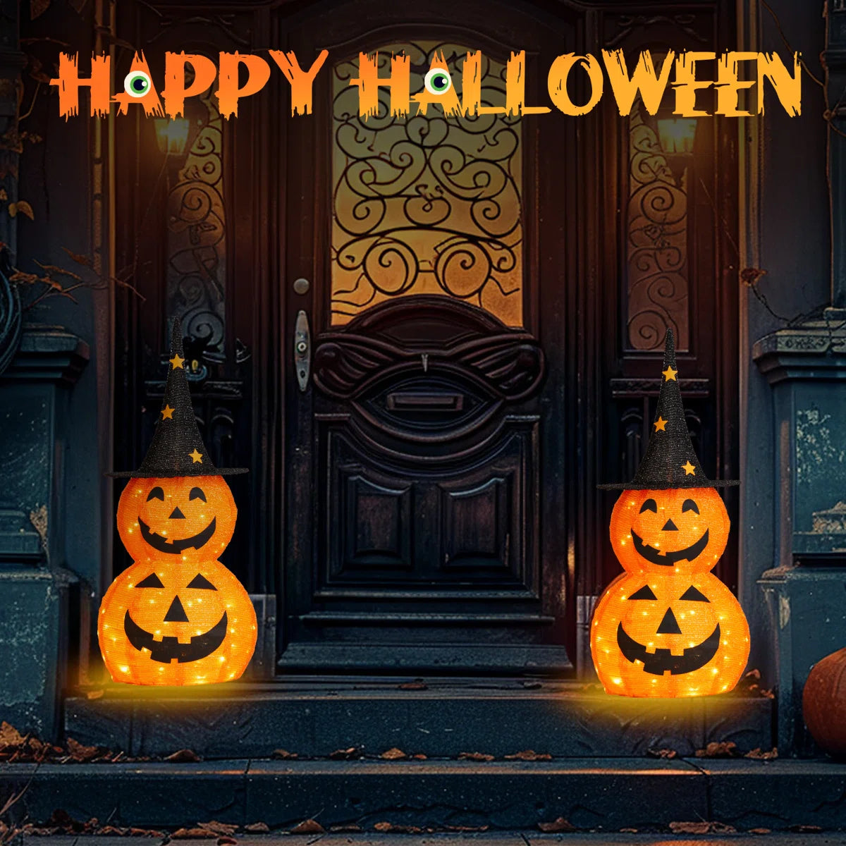 🎃Giant Inflatable Halloween Pumpkin Stack with Witch Hat – Light-Up Outdoor Yard Decoration