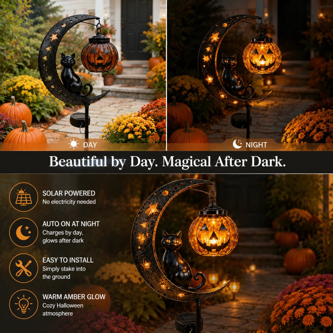 Solar Pumpkin Moon Garden Stake Light – Black Cat Halloween Outdoor Decor