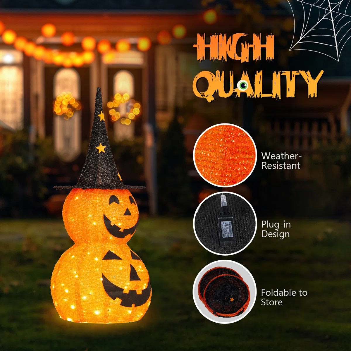 🎃Giant Inflatable Halloween Pumpkin Stack with Witch Hat – Light-Up Outdoor Yard Decoration