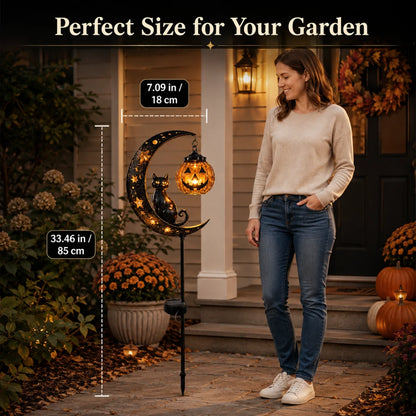 Solar Pumpkin Moon Garden Stake Light – Black Cat Halloween Outdoor Decor