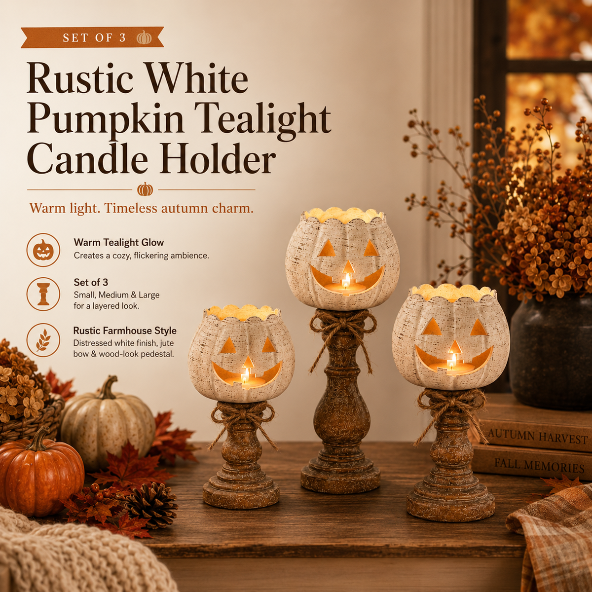 ✨Rustic White Pumpkin Tealight Candle Holder Set of 3
