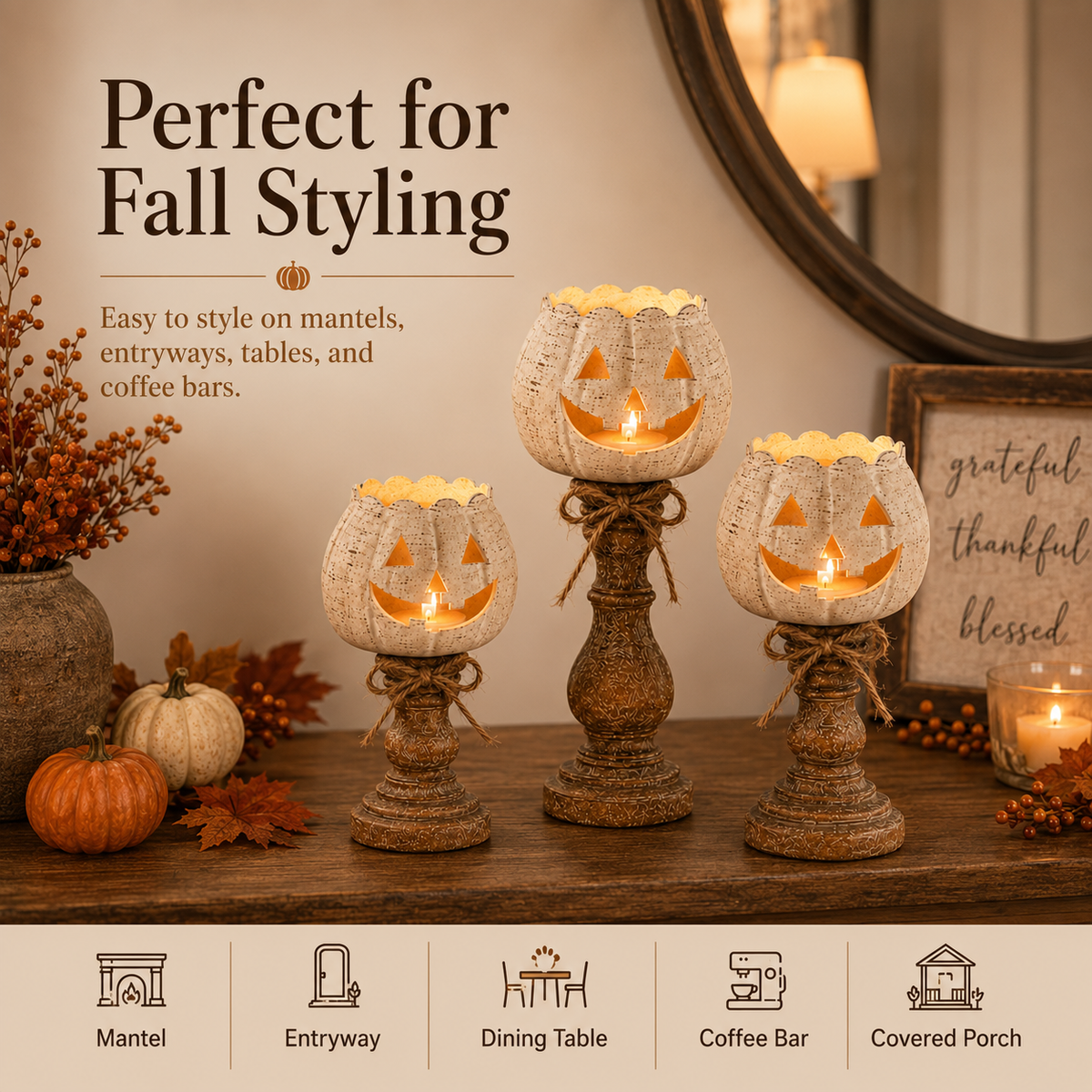 ✨Rustic White Pumpkin Tealight Candle Holder Set of 3