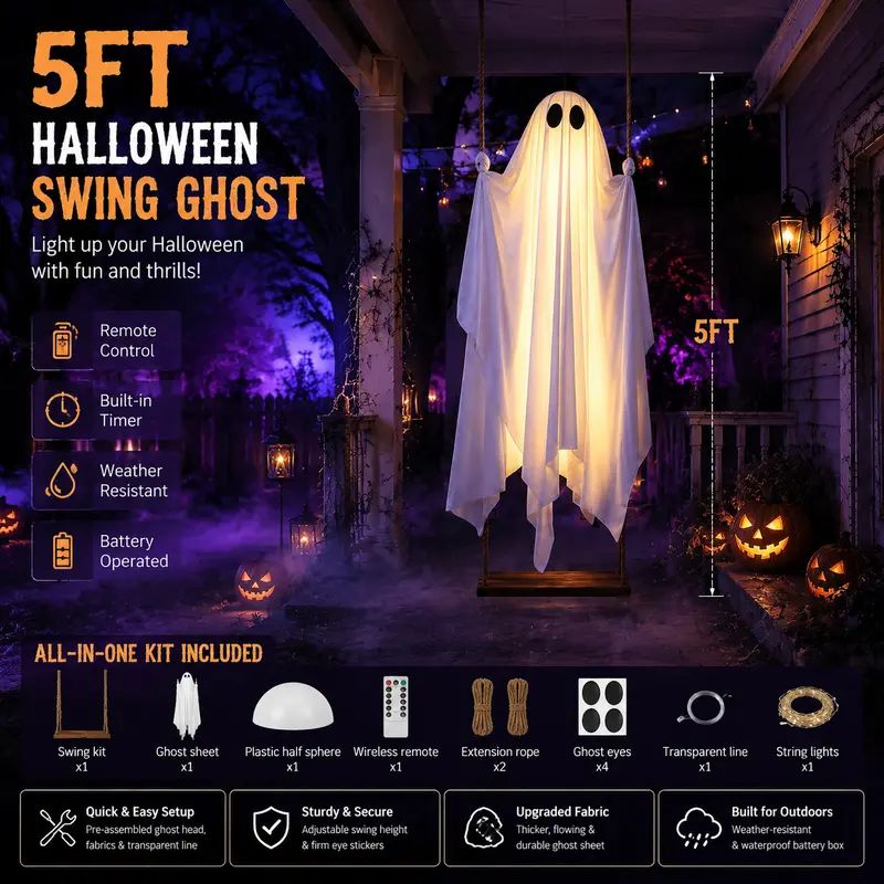 Giant 5FT Glowing Ghost Swing, Remote Halloween Outdoor Decor