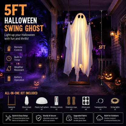 Giant 5FT Glowing Ghost Swing, Remote Halloween Outdoor Decor