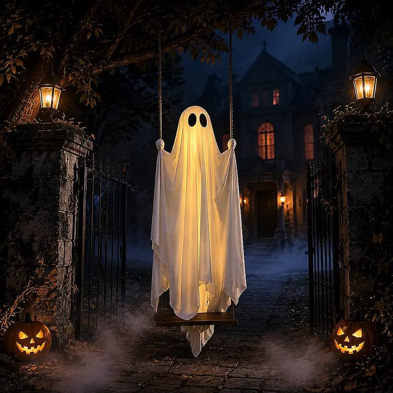 Giant 5FT Glowing Ghost Swing, Remote Halloween Outdoor Decor