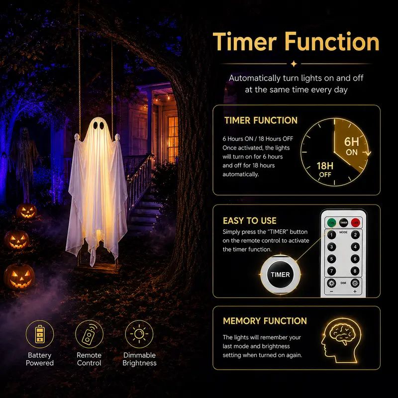 Giant 5FT Glowing Ghost Swing, Remote Halloween Outdoor Decor