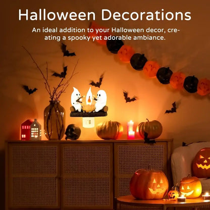 Spooky ghost flame lamp used as outdoor Halloween porch decoration