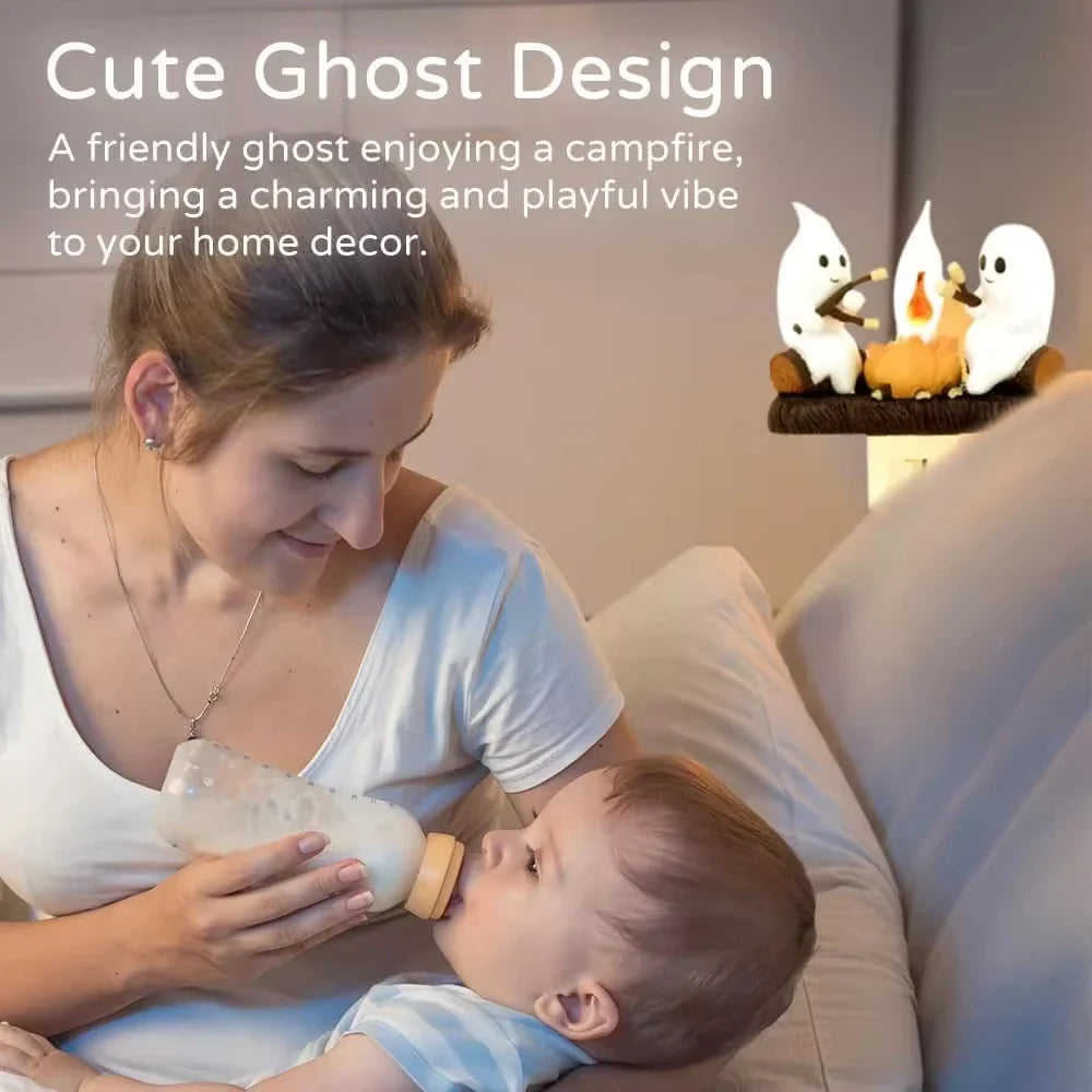 USB powered ghost campfire night light shown with its charging cable