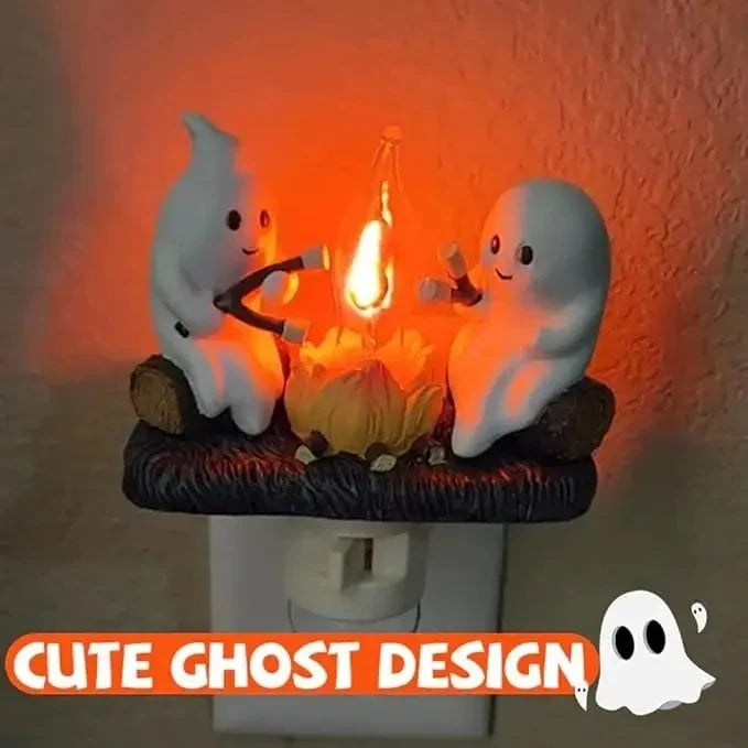 Side view of the ghost campfire Halloween night light showing its size and shape
