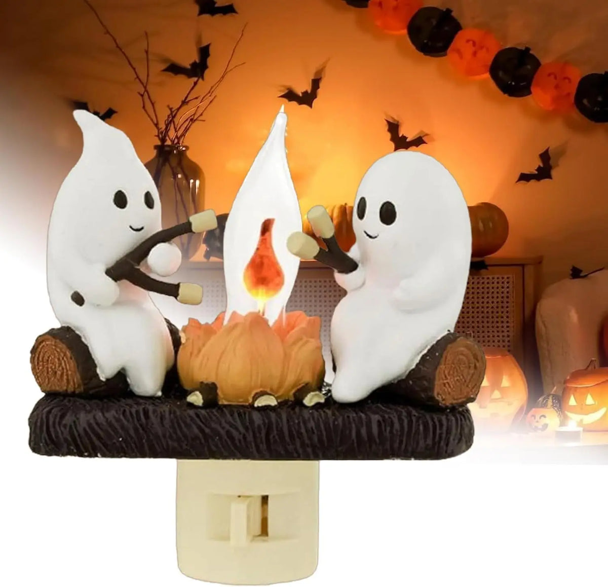 Ghost campfire flame effect night light displayed with Halloween decorations